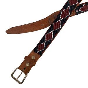 Vintage Hand Beaded Leather Belt Womens Large Red Black Southwestern Rodeo